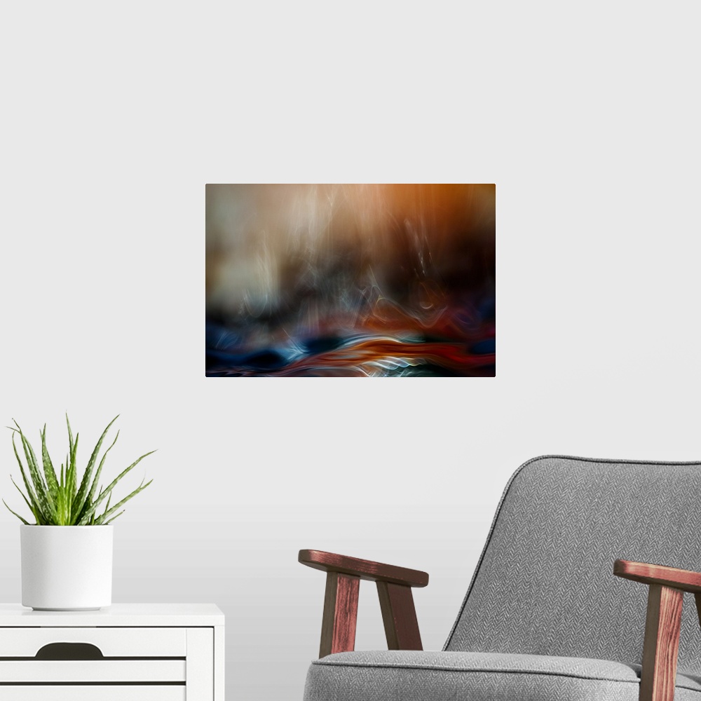A modern room featuring Abstract photograph with motion blur, creating light patterns.