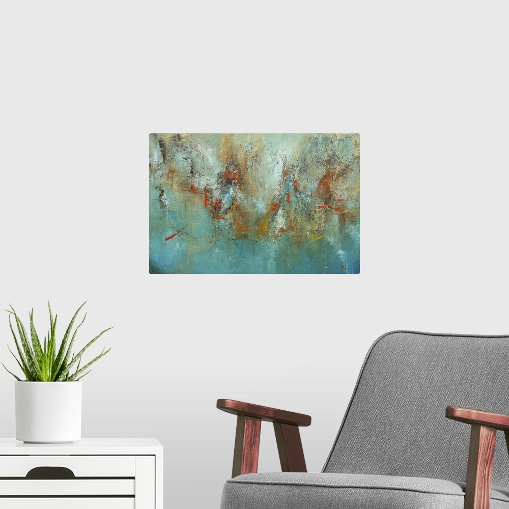 A modern room featuring Contemporary abstract painting using vibrant cool tones with splashes of warm tones mixed in to b...