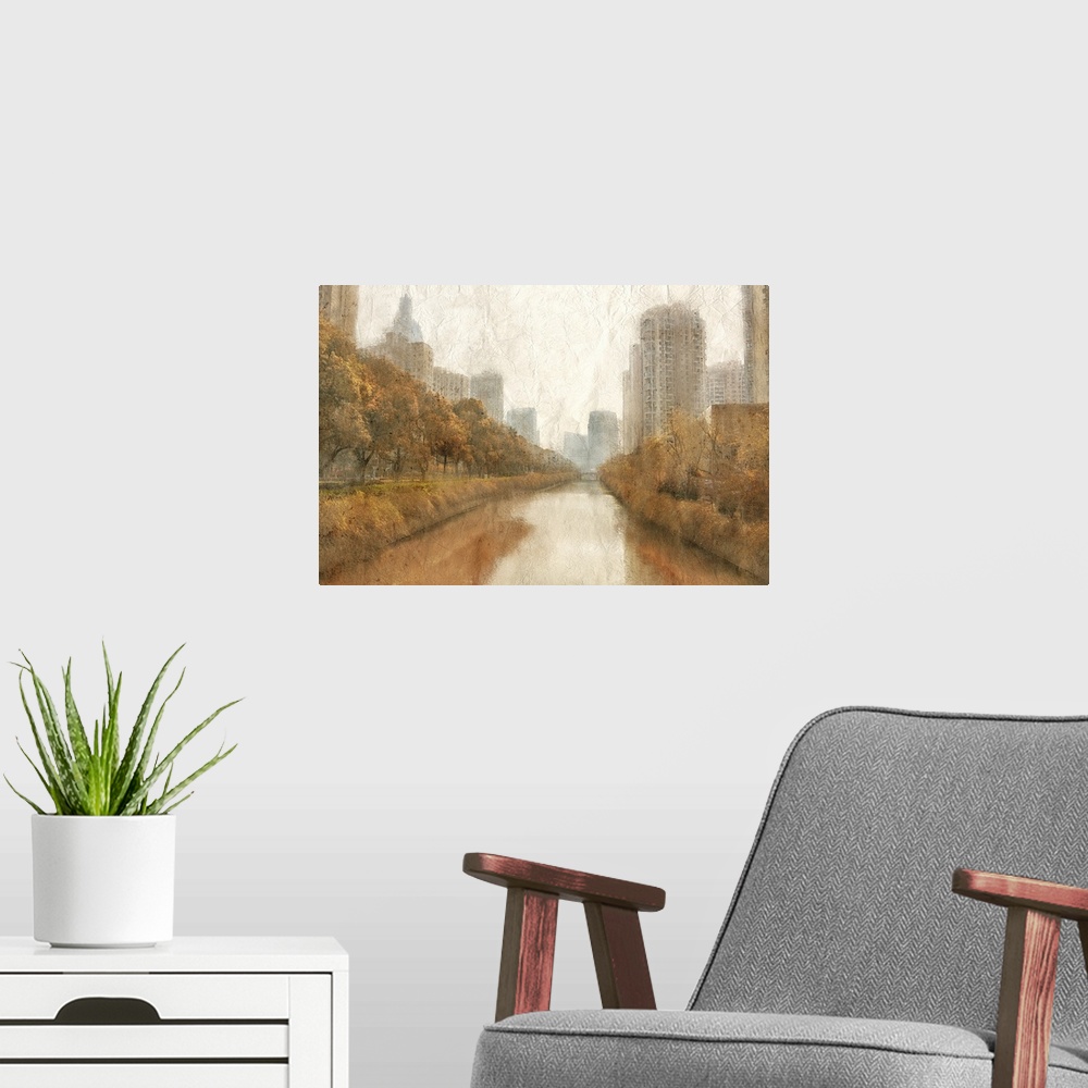 A modern room featuring Fall scene of a river in a city with skyscrapers and orange trees.