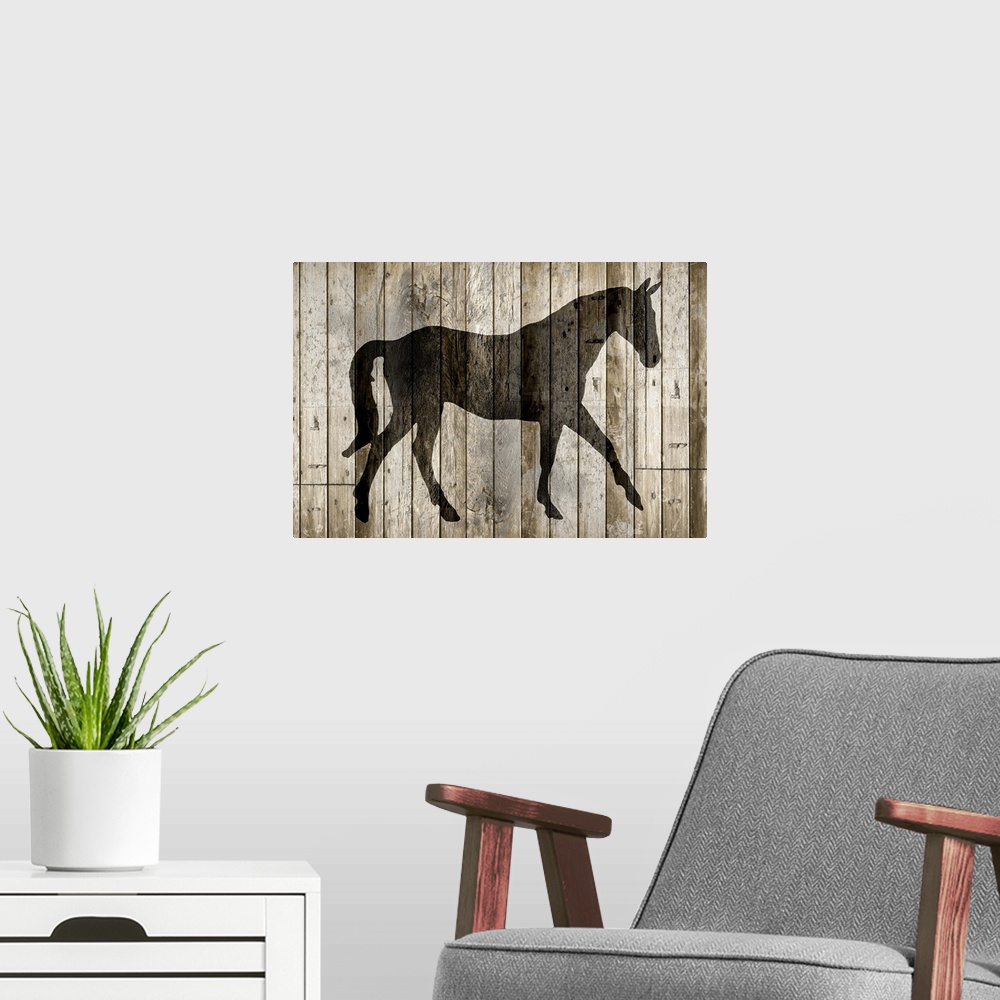 A modern room featuring A silhouette of a horse on a rustic wood paneled background.