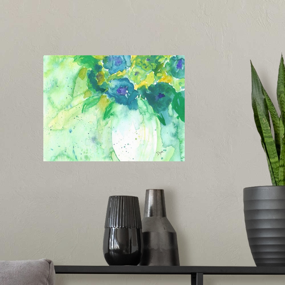 A modern room featuring Cool toned watercolor painting of a bouquet of flowers in a vase