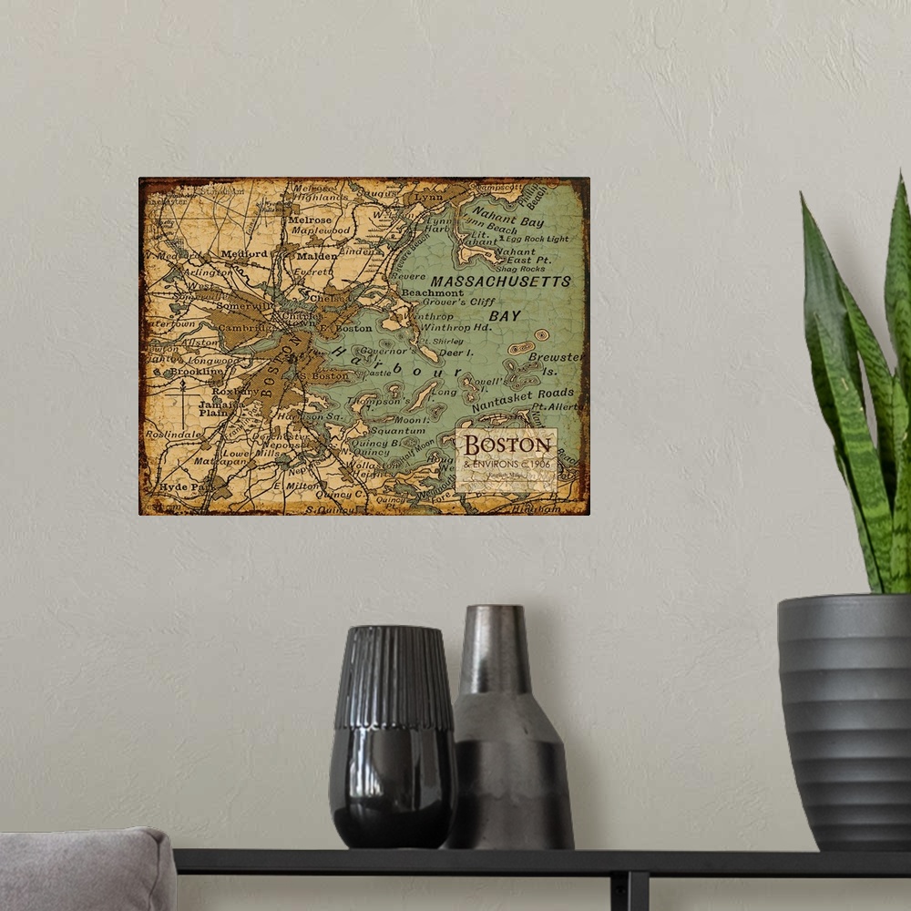 A modern room featuring Rustic contemporary art map of Boston districts, in earthy tones.