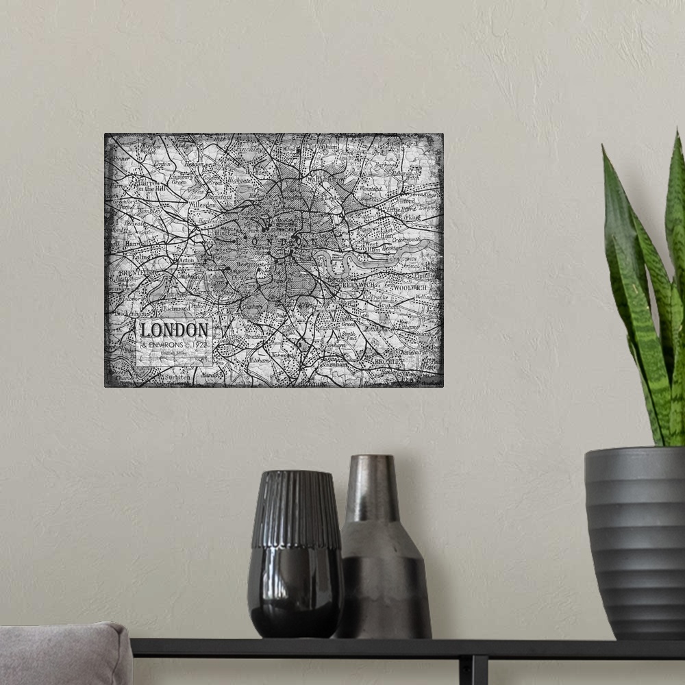 A modern room featuring Rustic contemporary art map of London districts, in black and white.