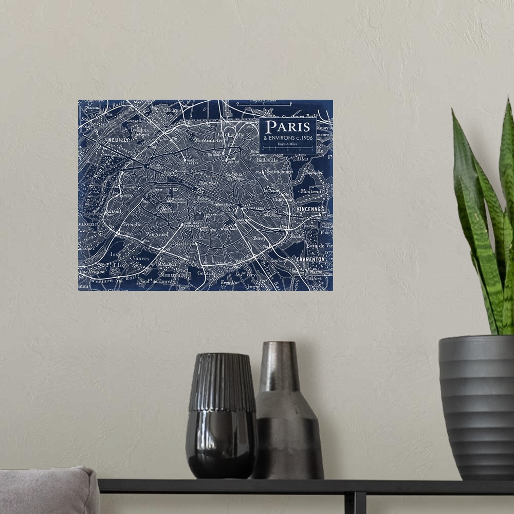 A modern room featuring Rustic contemporary art map of Paris districts, in cool tones.