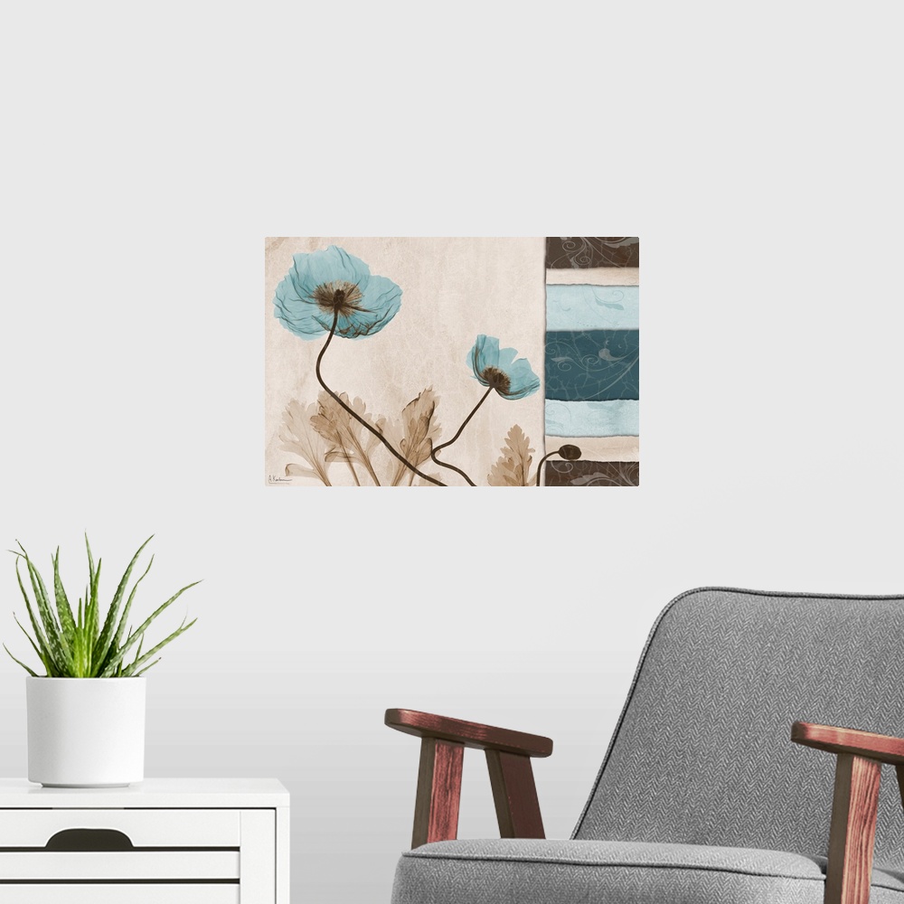 A modern room featuring Square x-ray photograph of two poppies, with a vertical set of textured tiles to the right of the...