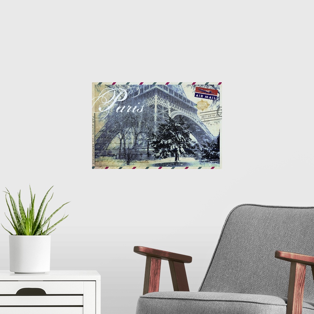 A modern room featuring Contemporary Paris postcard artwork with the Eiffel tower on the face of the card.