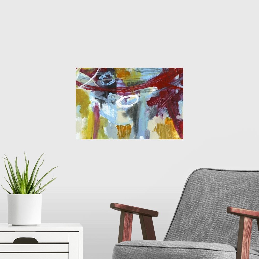 A modern room featuring Abstract painting using vibrant colors and harsh strokes that convey depth and movement.