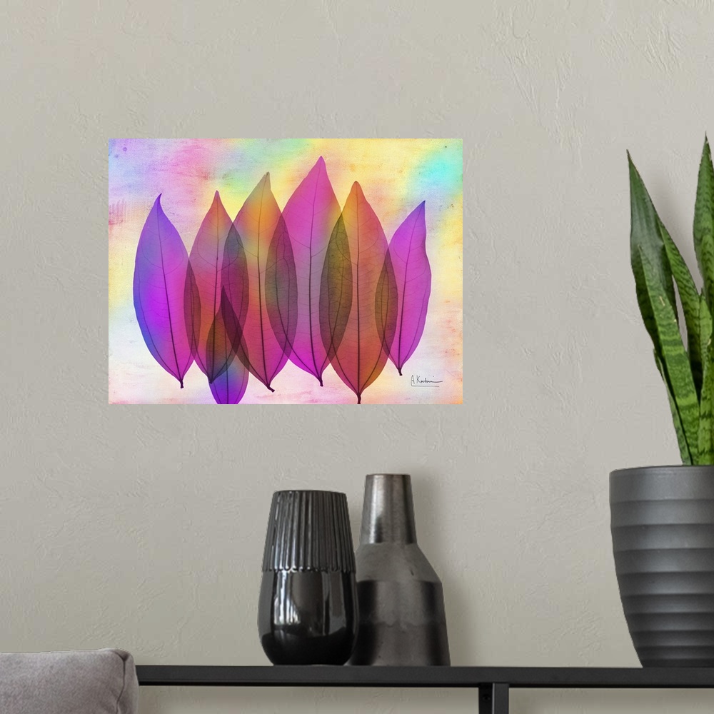 A modern room featuring X-Ray photography of six Coculus leaves in vibrant pink and purple colors.