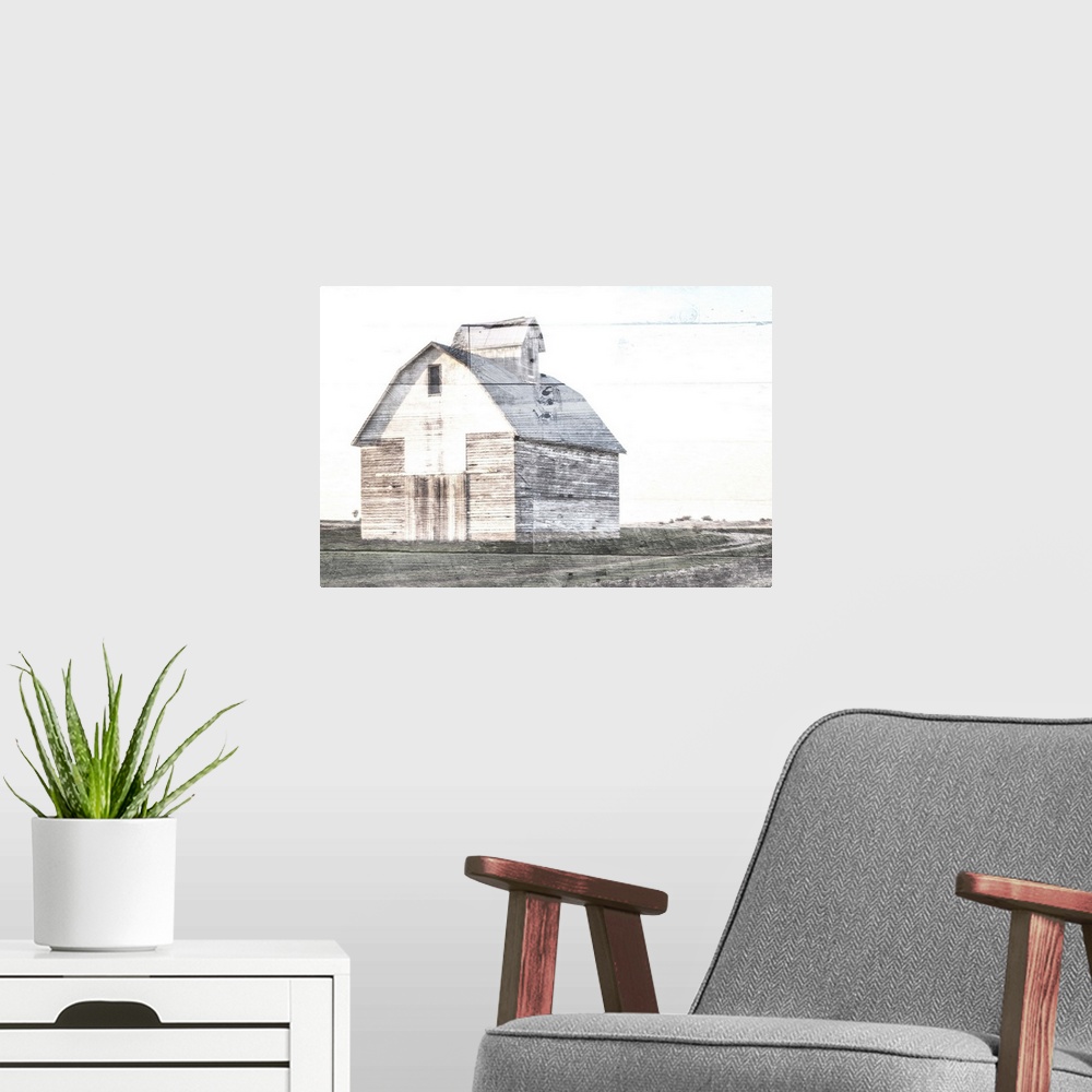 A modern room featuring An image, in neutral tones, of a barn on top of wood planks.