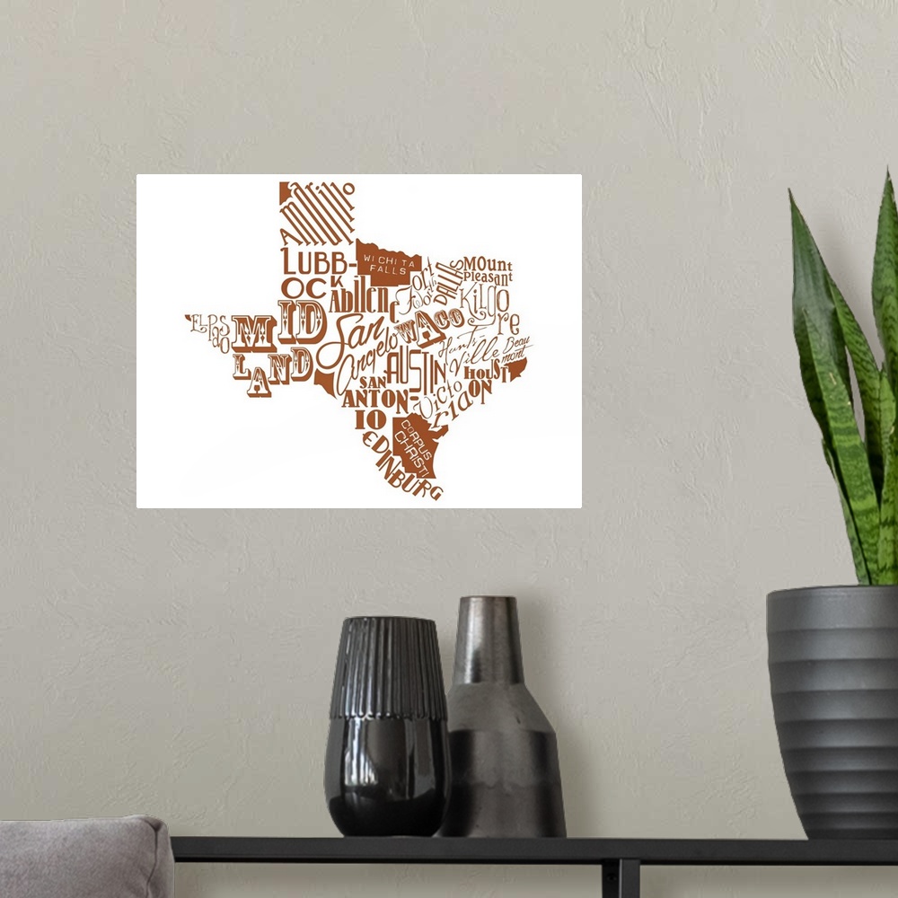 A modern room featuring Contemporary painting using typography to make the shape of the state of Texas.