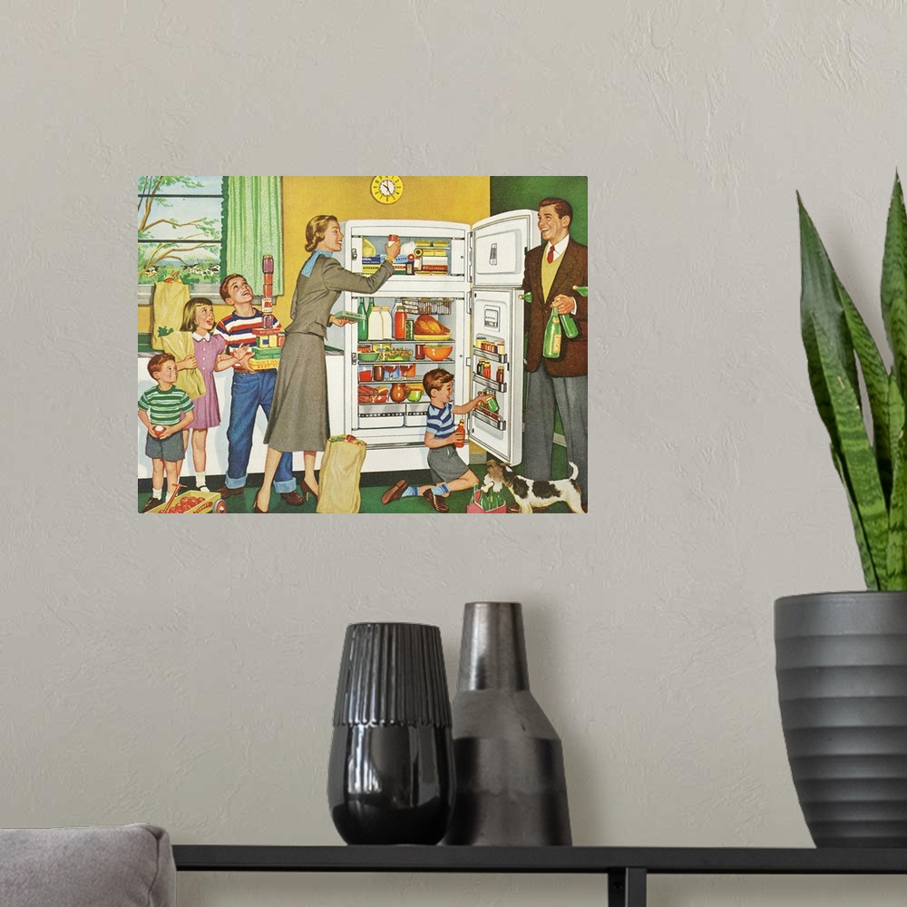 A modern room featuring Happy Family Putting Groceries Away