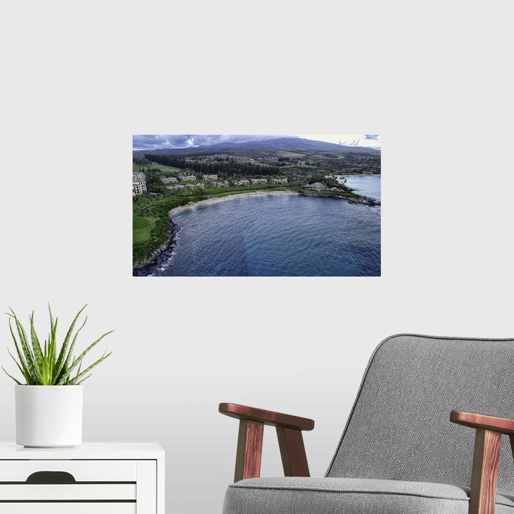 A modern room featuring Stunning Kapalua Bay in Maui, Hawaii, USA. This is a 3 image aerial panoramic.
