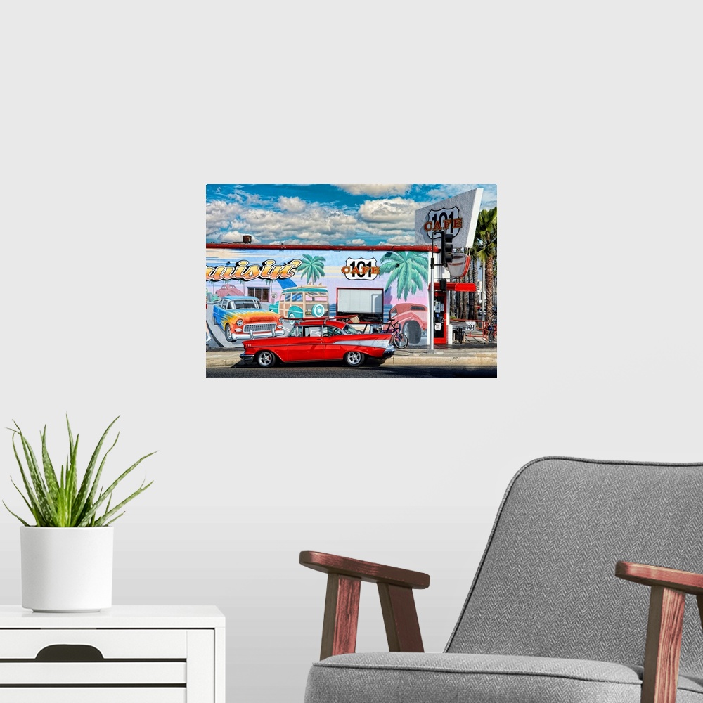 A modern room featuring The 101 Cafe with an old Chevy out front. The 101 Cafe is in Oceanside, California.