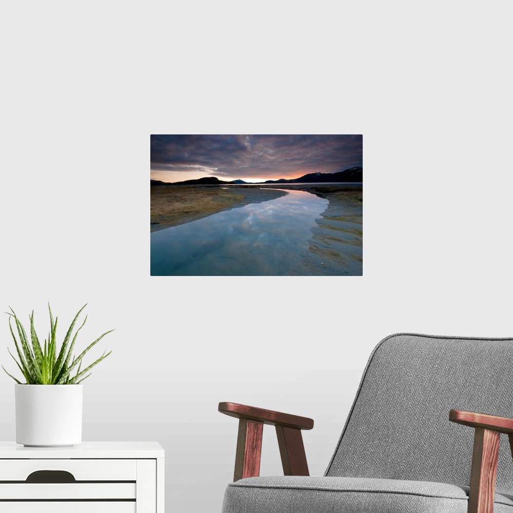 A modern room featuring Evening sky reflects on the incoming tide at Harntey Bay near Cordova, Chugach National Forest, S...