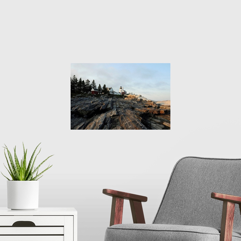 A modern room featuring A daytime view of the Pemaquid Lighthouse, Pemaquid Point, Maine.