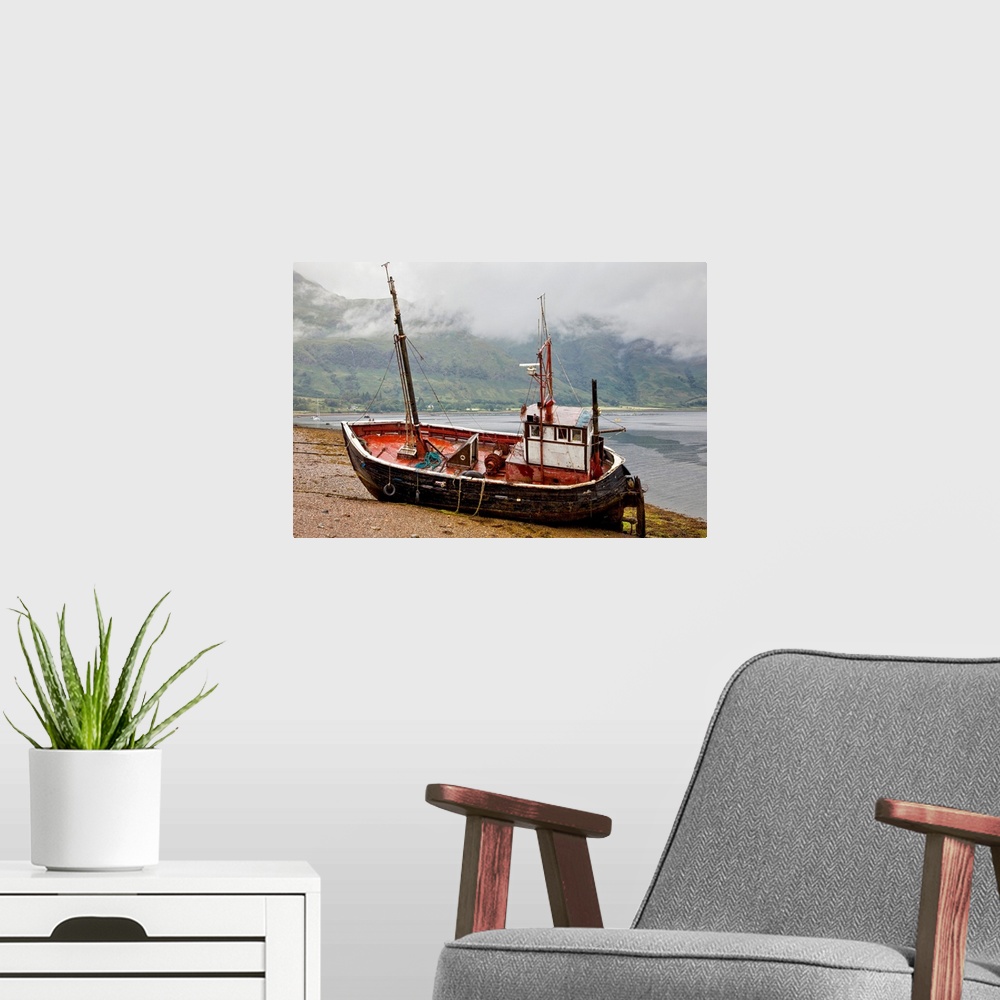 A modern room featuring A Fishing Boat Abandoned On The Shore; Ardgour Isle Of Mull Scotland