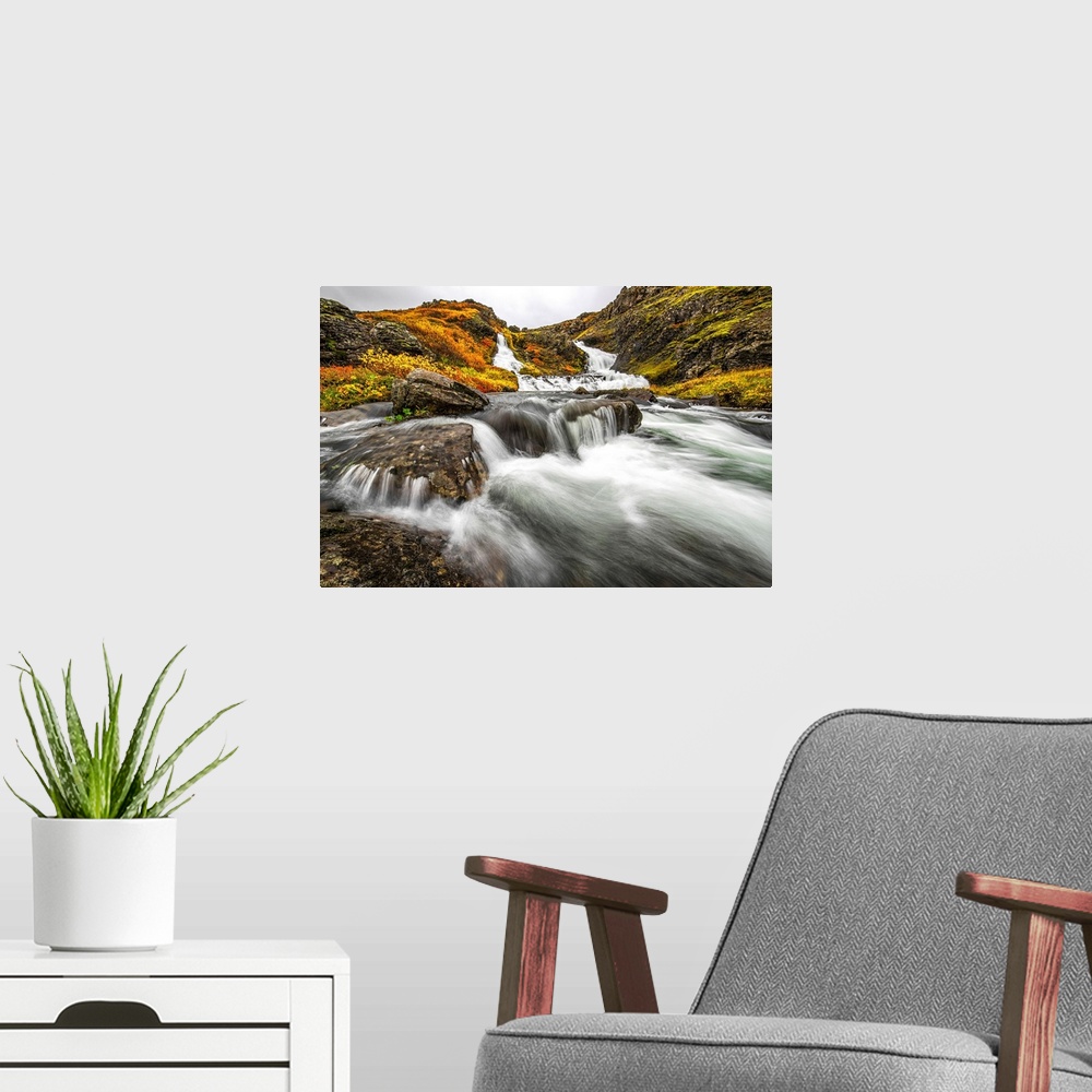 A modern room featuring A stream flows past on the West Fjords on its way to the ocean; Iceland