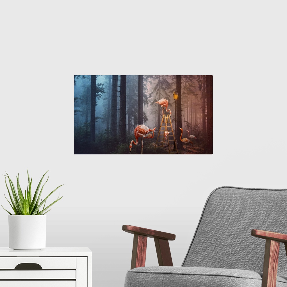 A modern room featuring A surreal composite image of flamingoes in a forest with a ladder and lamp post.