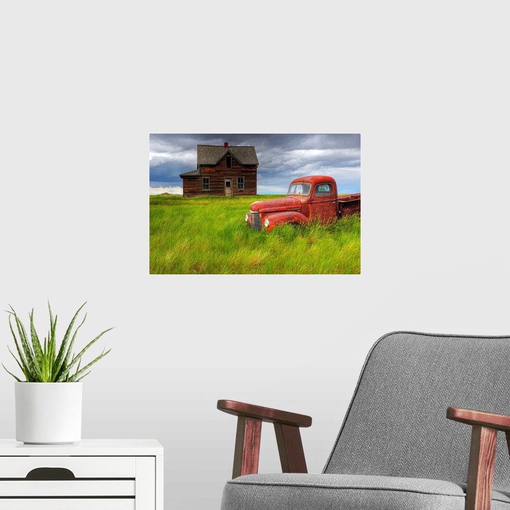 A modern room featuring Abandoned Homestead House And Red Pick-Up Truck, Saskatchewan, Canada