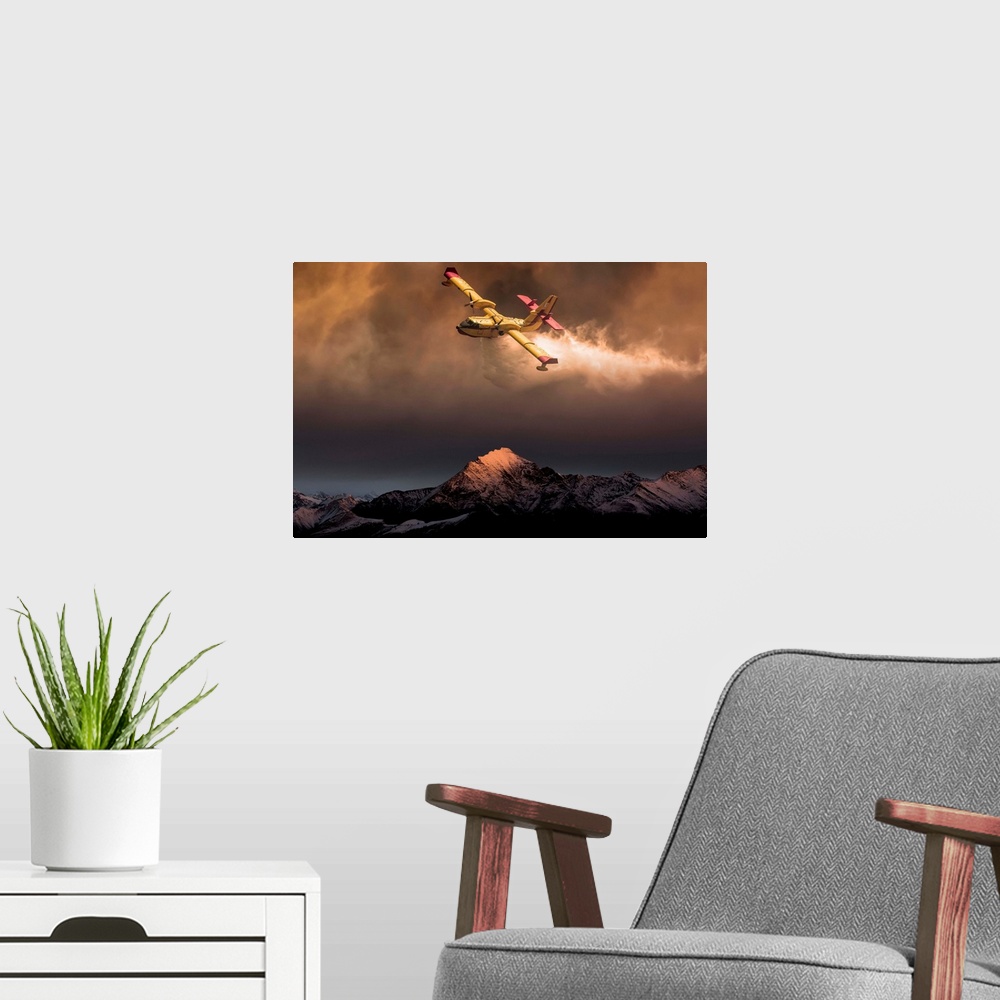 A modern room featuring An aircraft dropping water on a forest fire in the mountains below, composite image.