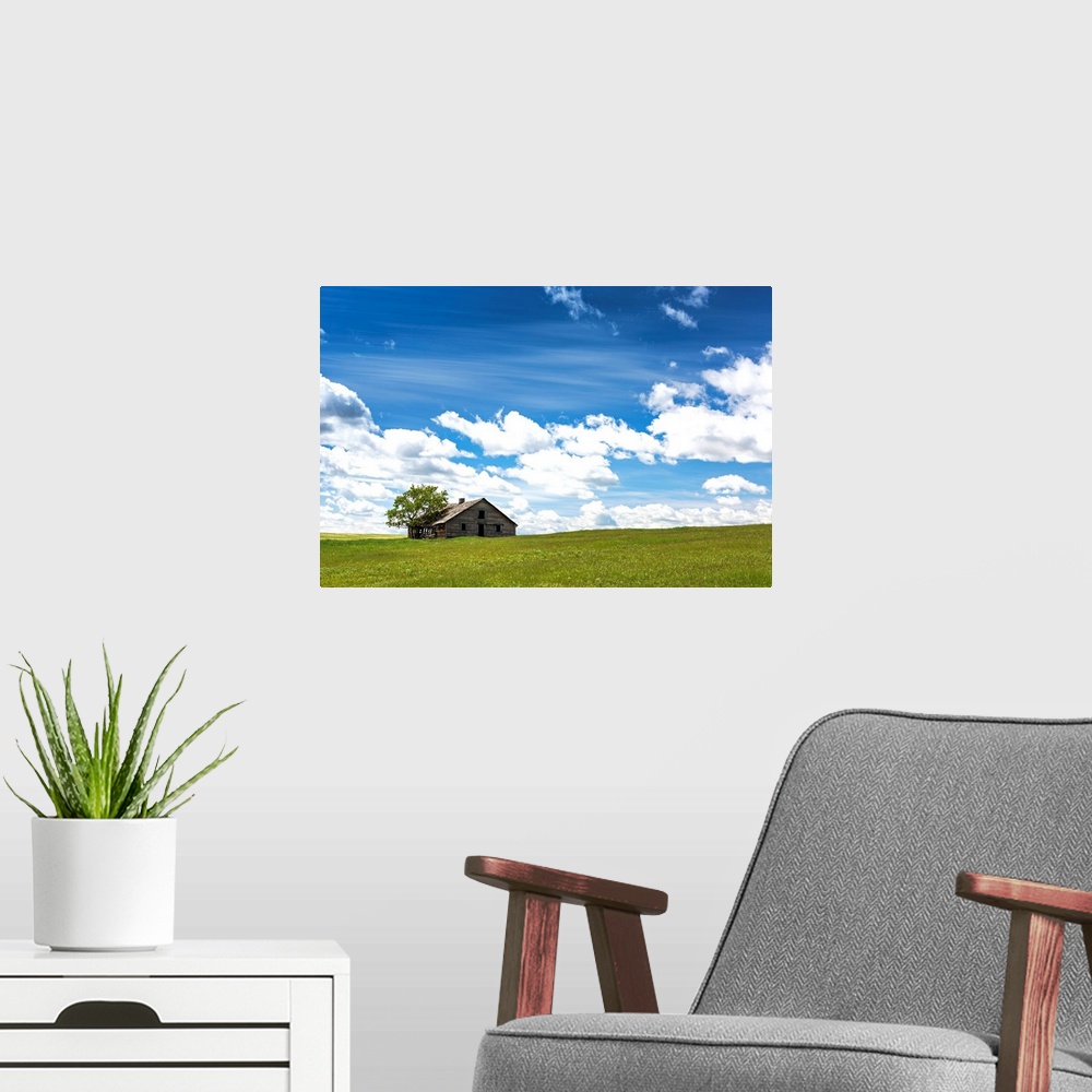 A modern room featuring An old wooden building with one tree in a rolling grassy field with clouds and blue sky, West of ...