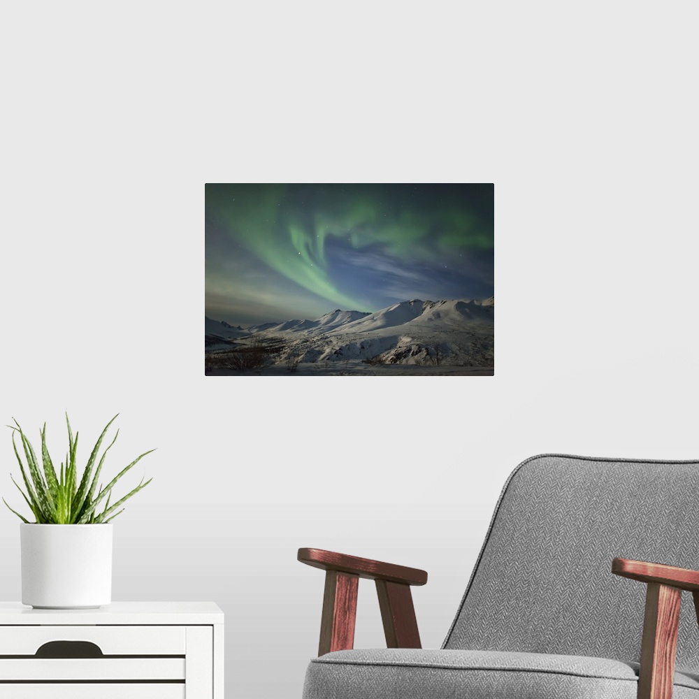 A modern room featuring Aurora borealis dances over the klondike valley in tombstone territorial park; yukon canada