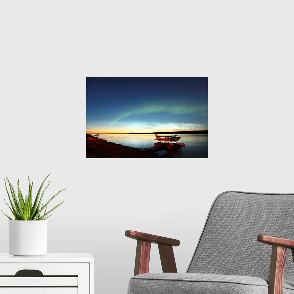 A modern room featuring Aurora Borealis Over The Mackenzie River, Northwest Territories, Canada