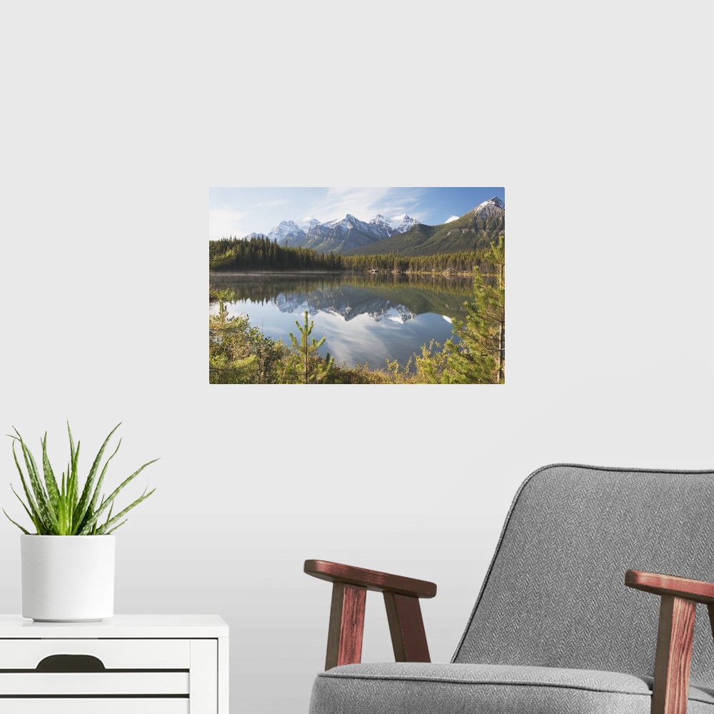 A modern room featuring Banff National Park, Alberta, Canada, Mountains Reflected In A Lake In Late Summer
