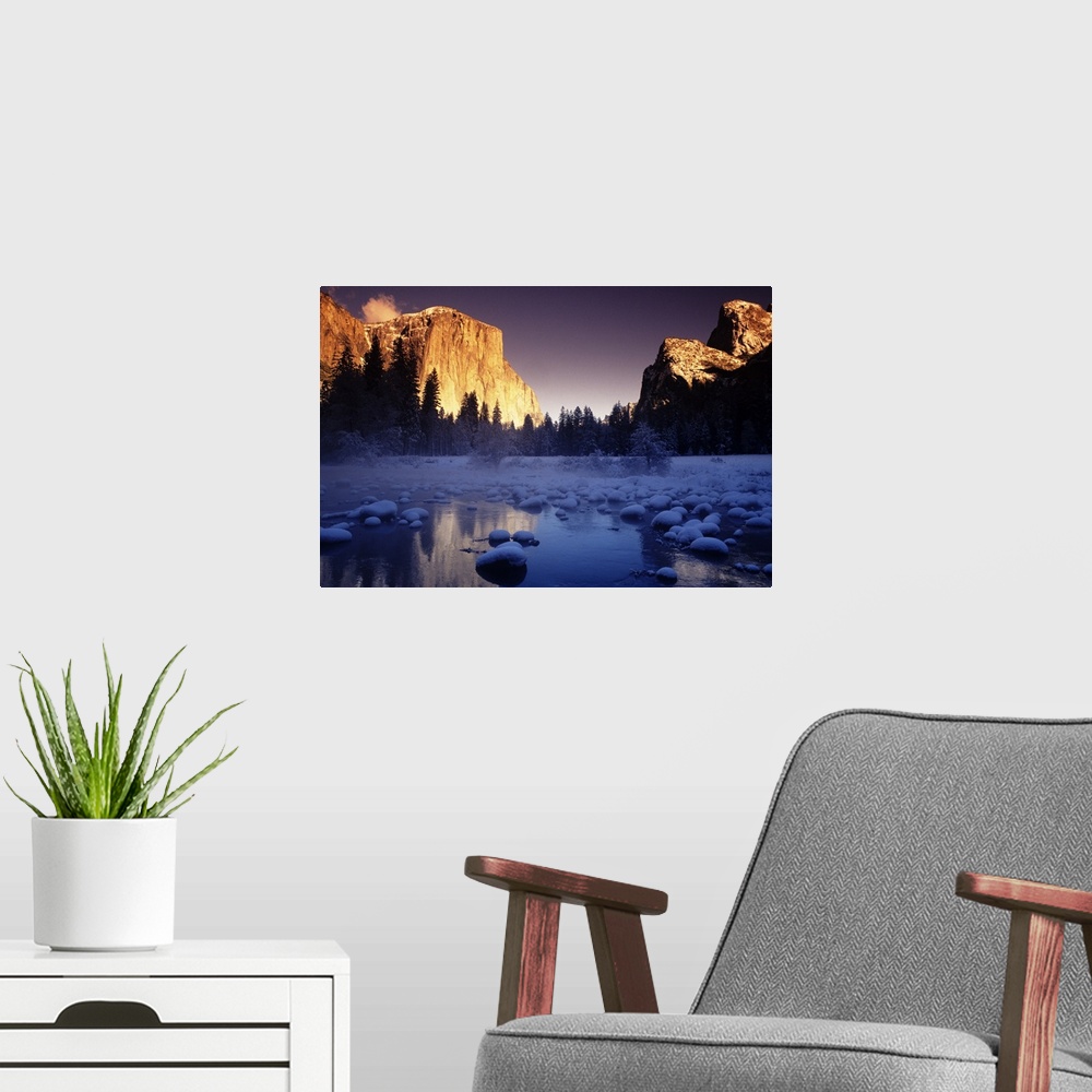 A modern room featuring California, Yosemite National Park, Sunset Over El Capitan And Snowy Merced River