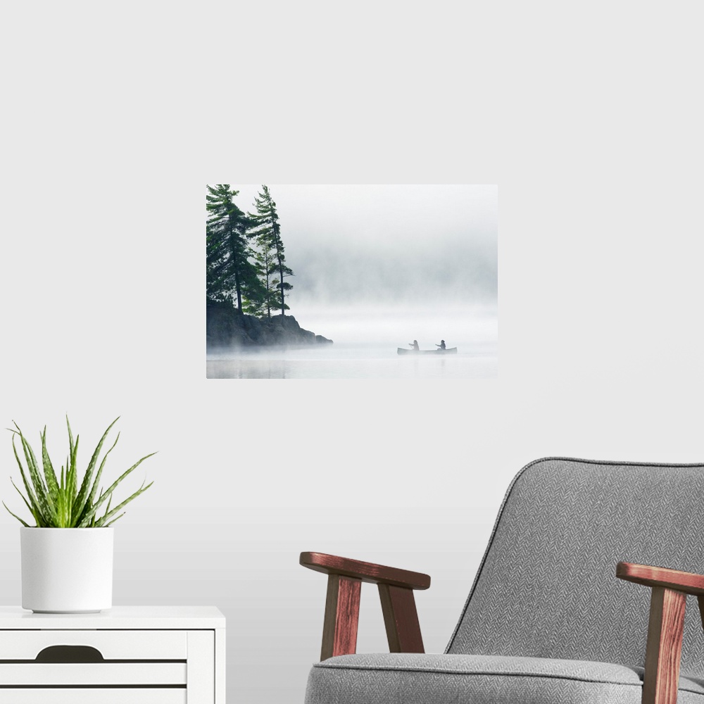 A modern room featuring Canoeing Through Fog On Lake Of Two Rivers, Ontario, Canada