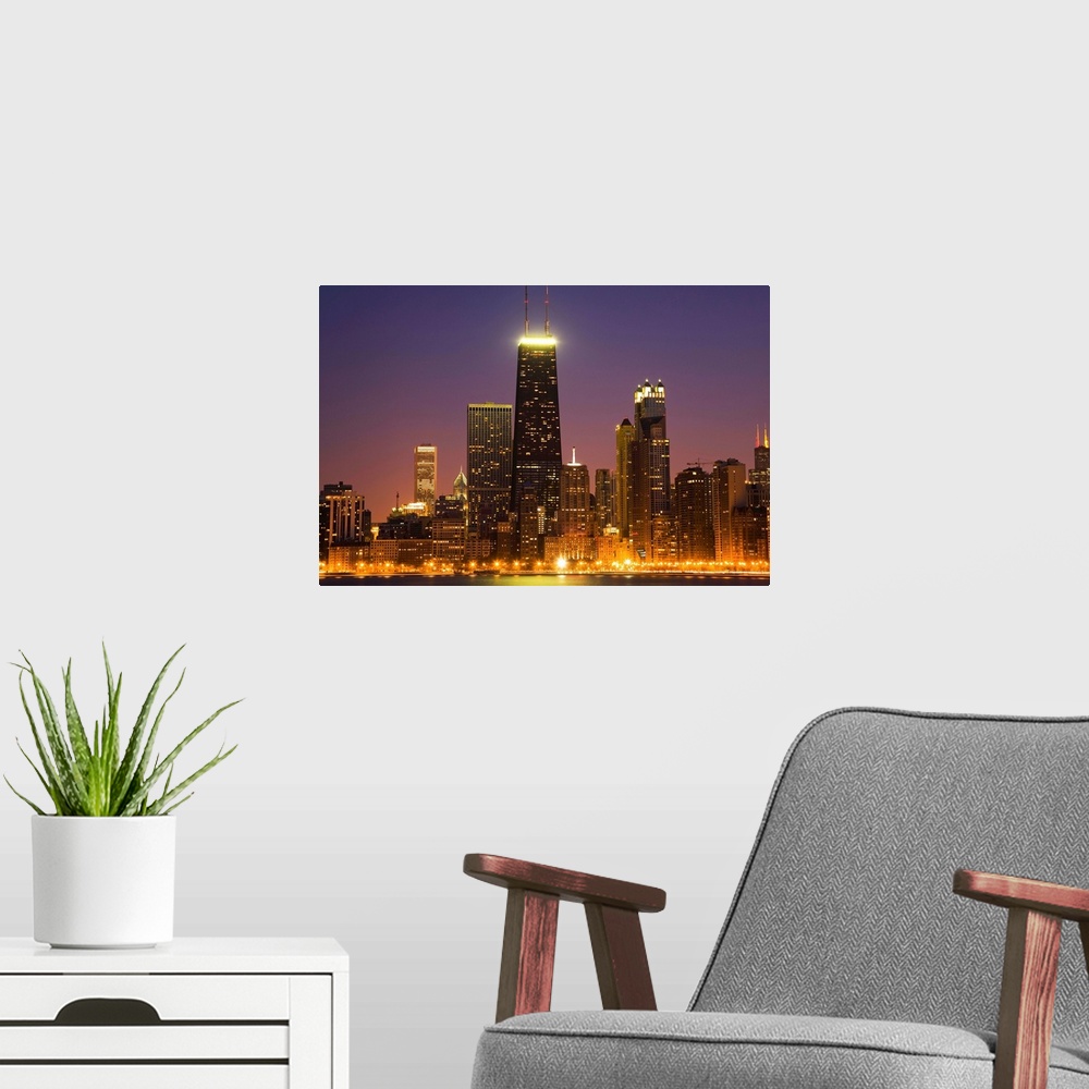A modern room featuring Chicago Skyscrapers With John Hancock Center At Night, Chicago, Illinois