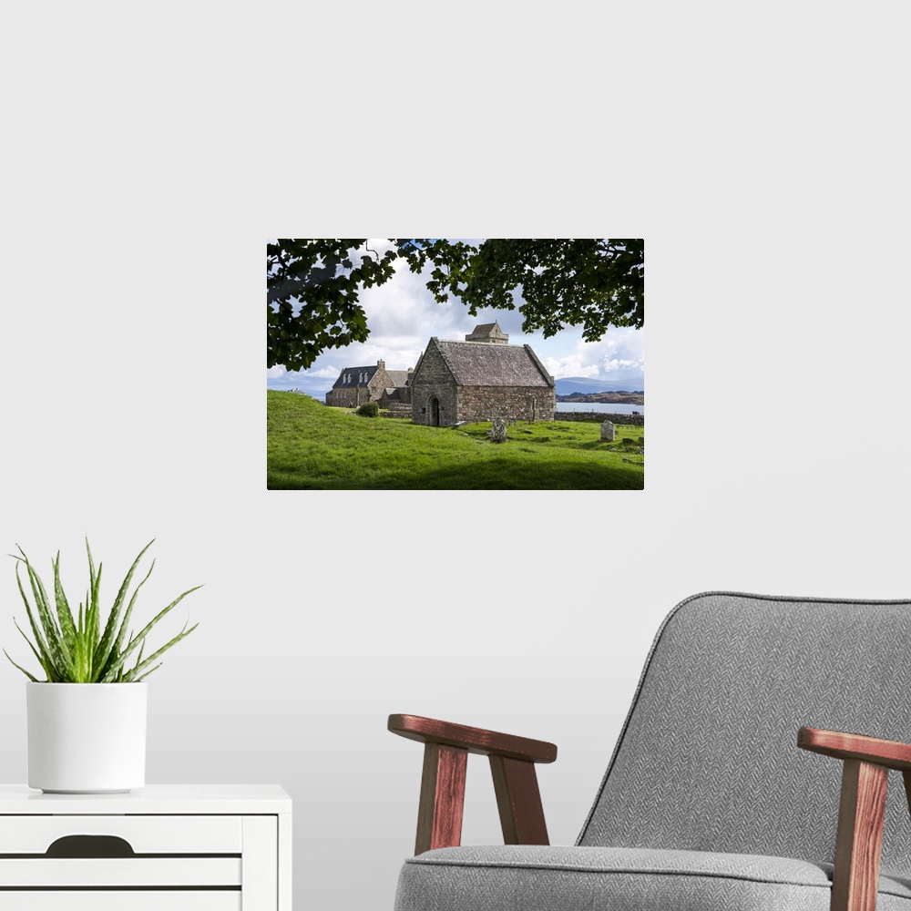 A modern room featuring A small church sits in the cemetery of the Benedictine Abbey on Isle of Iona, Scotland Iona, Scot...