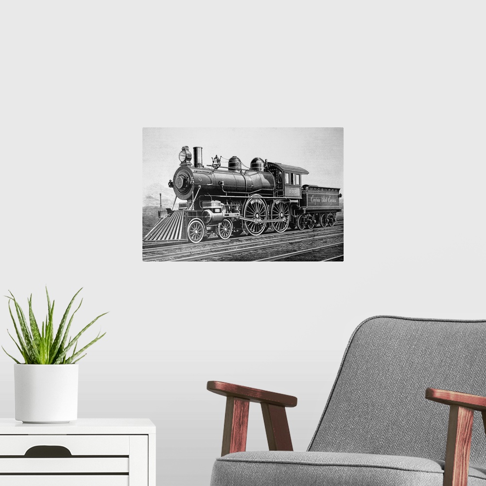 A modern room featuring Engraving depicting a Class 999 locomotive used on the New York Central and Hudson River Railroad...