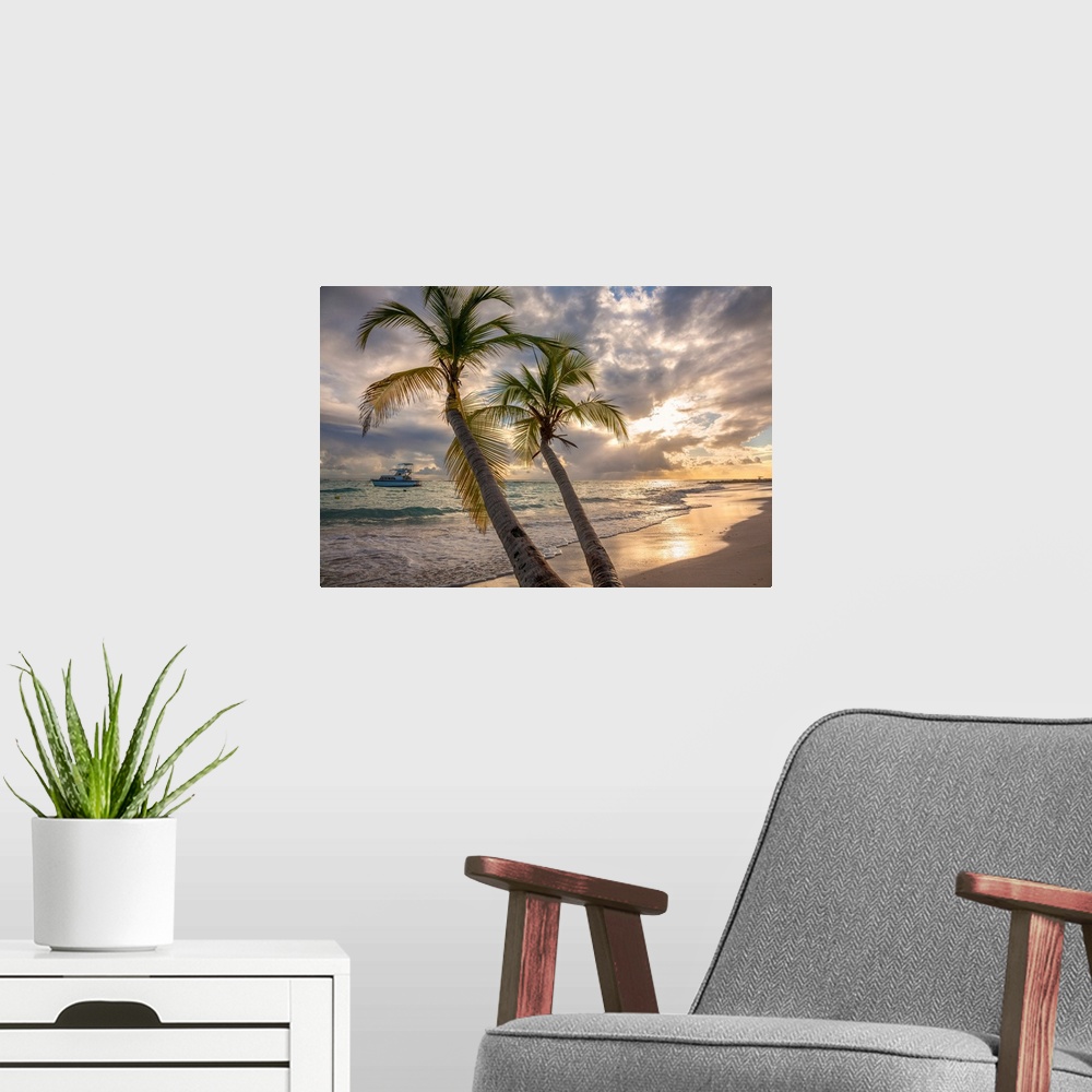 A modern room featuring Close-up of palm tree with a yacht moored off shore and the turquoise water and foamy surf rolls ...