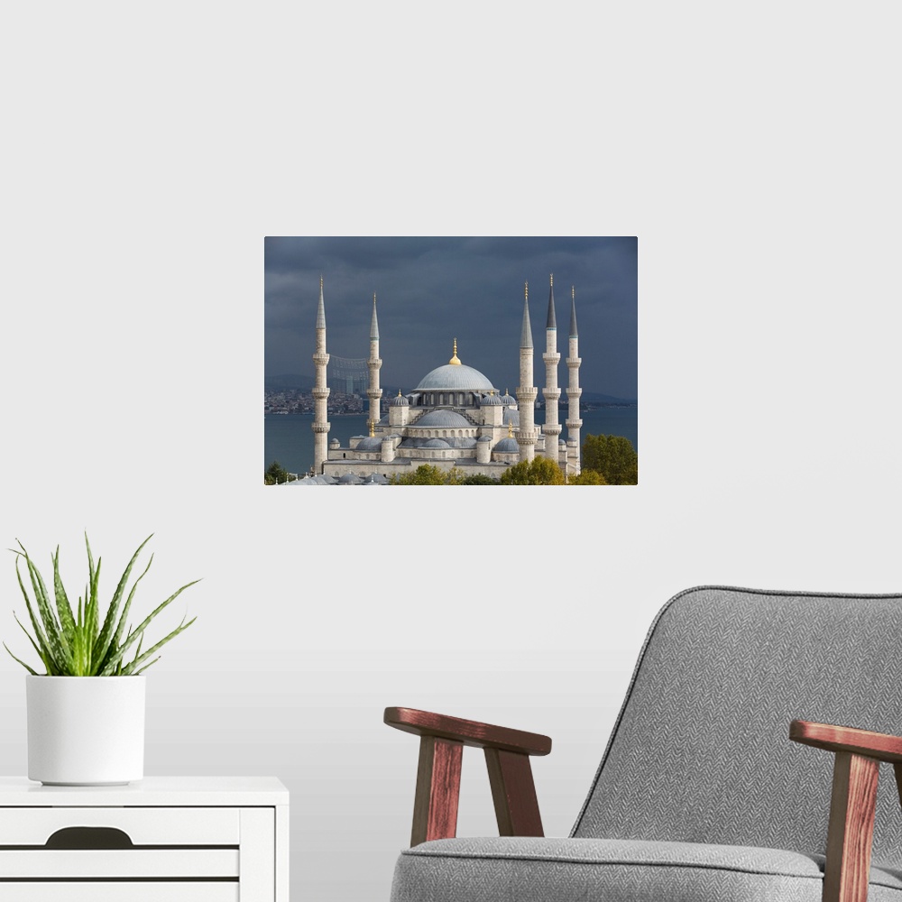 A modern room featuring Close-up of the Blue Mosque (Sultan Ahmed Mosque) under a grey sky, ground breaking in 1609, UNES...