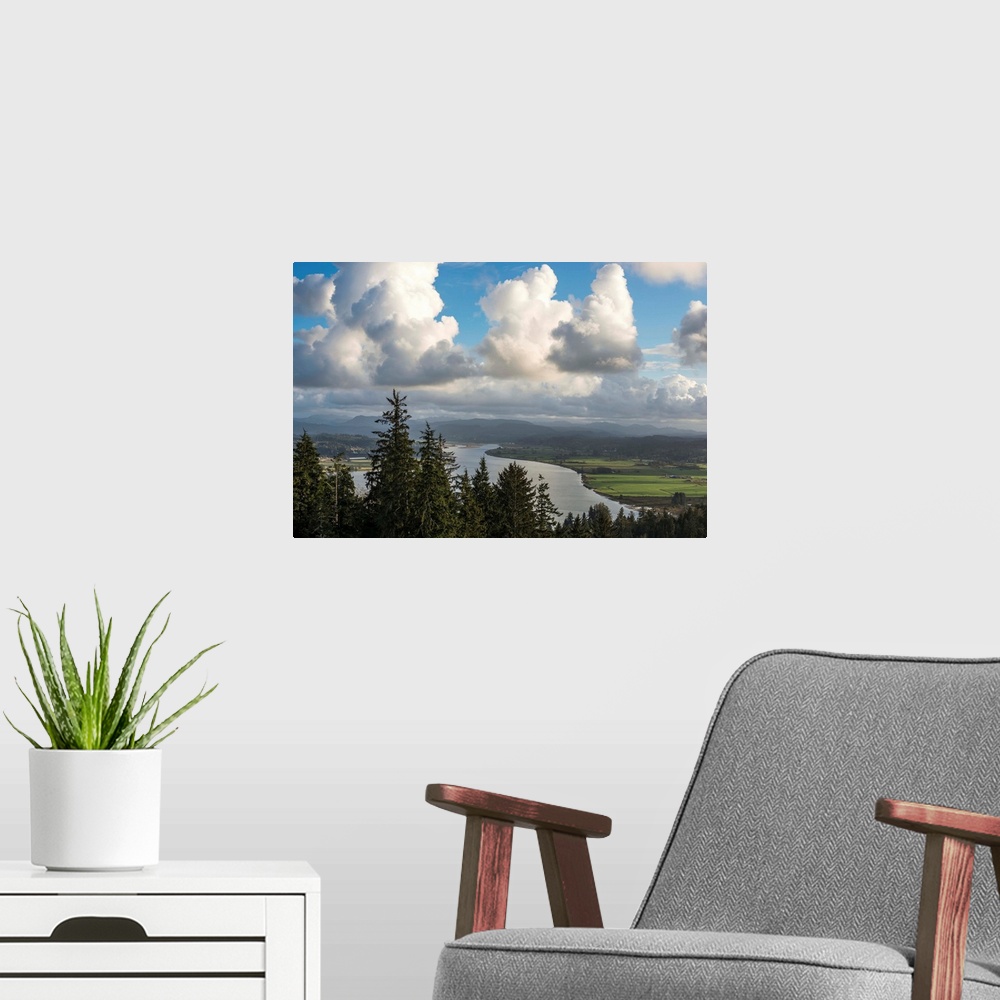 A modern room featuring Clouds drift over Youngs Bay, Astoria, Oregon, United States of America