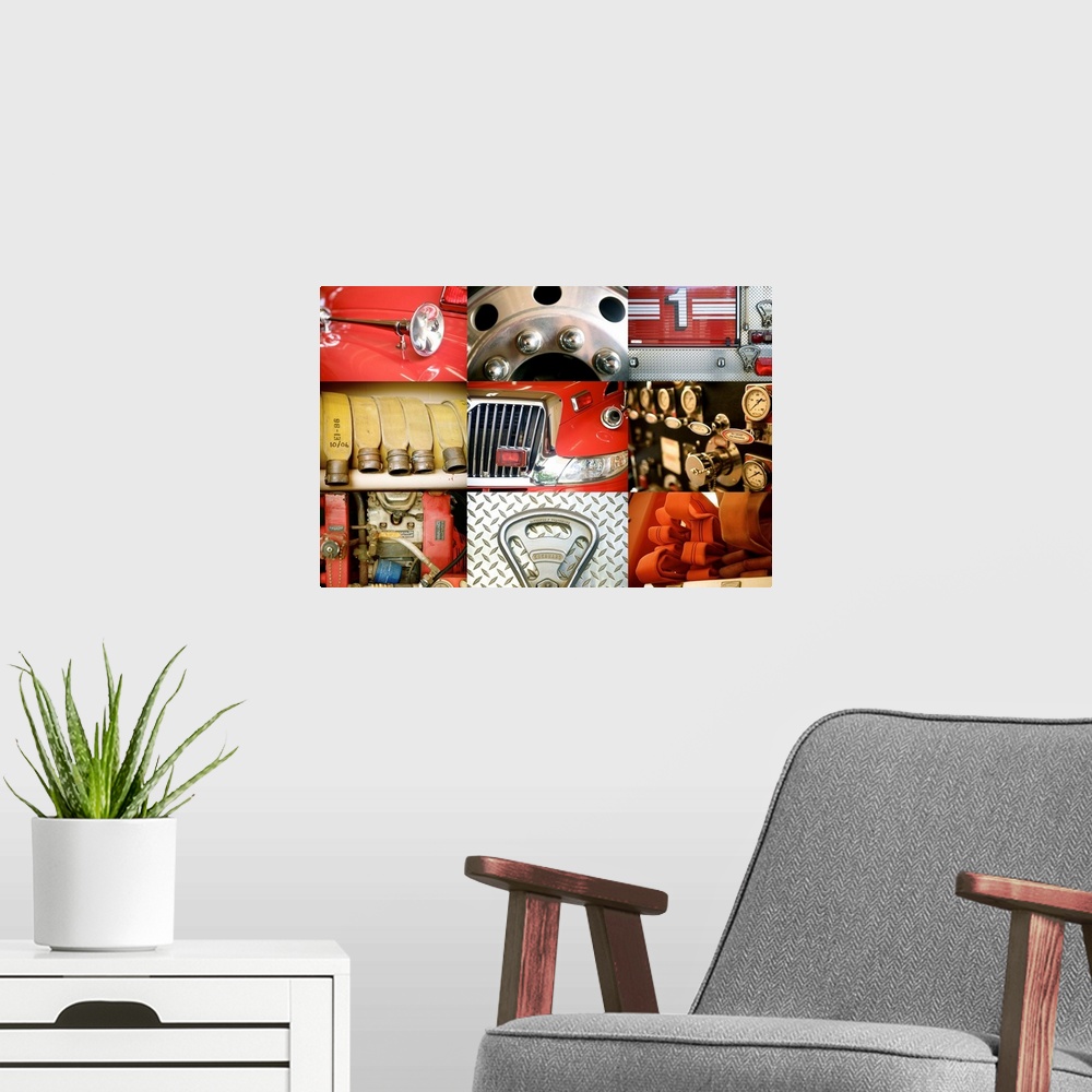 A modern room featuring Collage Of A Red Firetruck And All Its Components