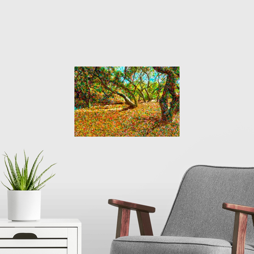 A modern room featuring Computer Generated Image Of Autumn Coloured Leaves Fallen From Trees.