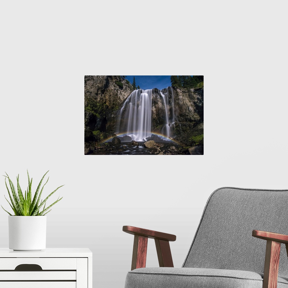 A modern room featuring Stunning, Dunanda Falls at night with a lunar rainbow along the Boundary Creek Trail in Yellowsto...