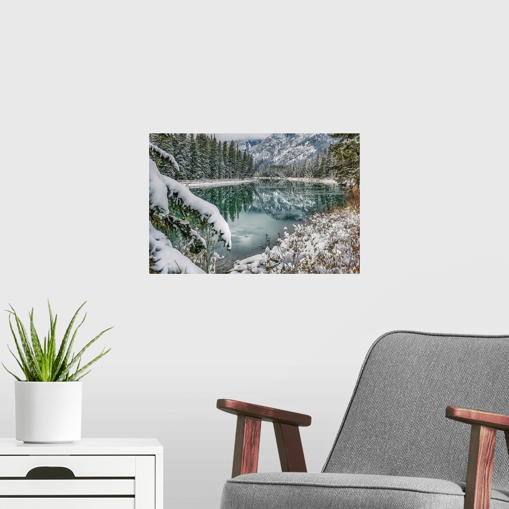 A modern room featuring Forest And Rocky Mountains Of Banff National Park In Autumn, Alberta, Canada