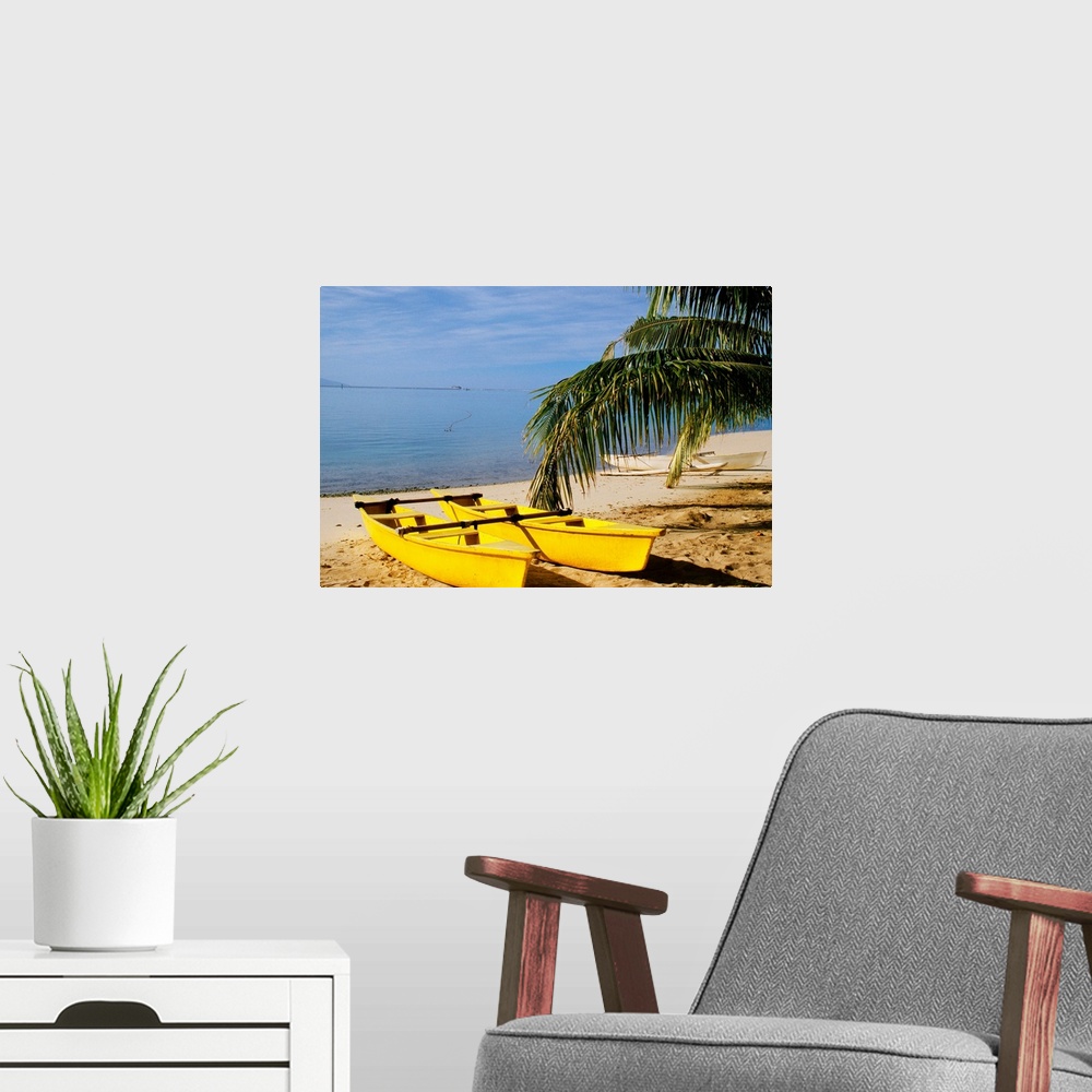 A modern room featuring French Polynesia, Rangiroa, Kia Ora, Yellow Double Canoe On Beach