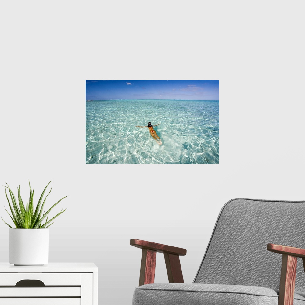 A modern room featuring French Polynesia, Tahiti, Bora Bora, Woman Enjoy A Day In The Ocean