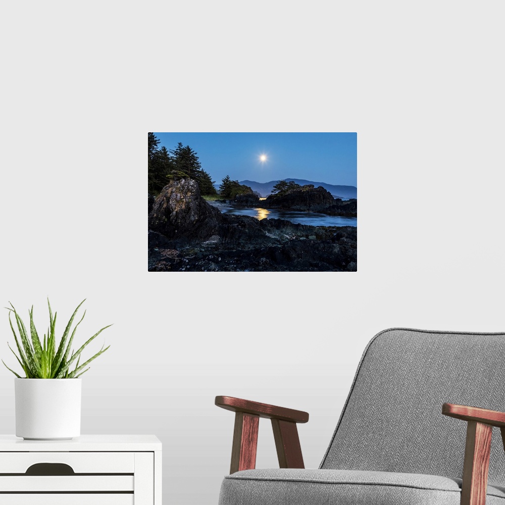 A modern room featuring A full moon rises over Nootka Island, Nuchatlitz Provincial Park; British Columbia, Canada