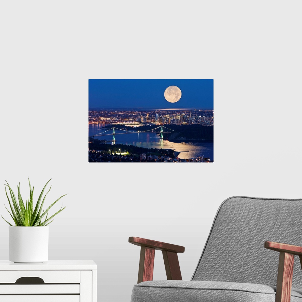 A modern room featuring Full Moonrise Over Vancouver, British Columbia, Canada