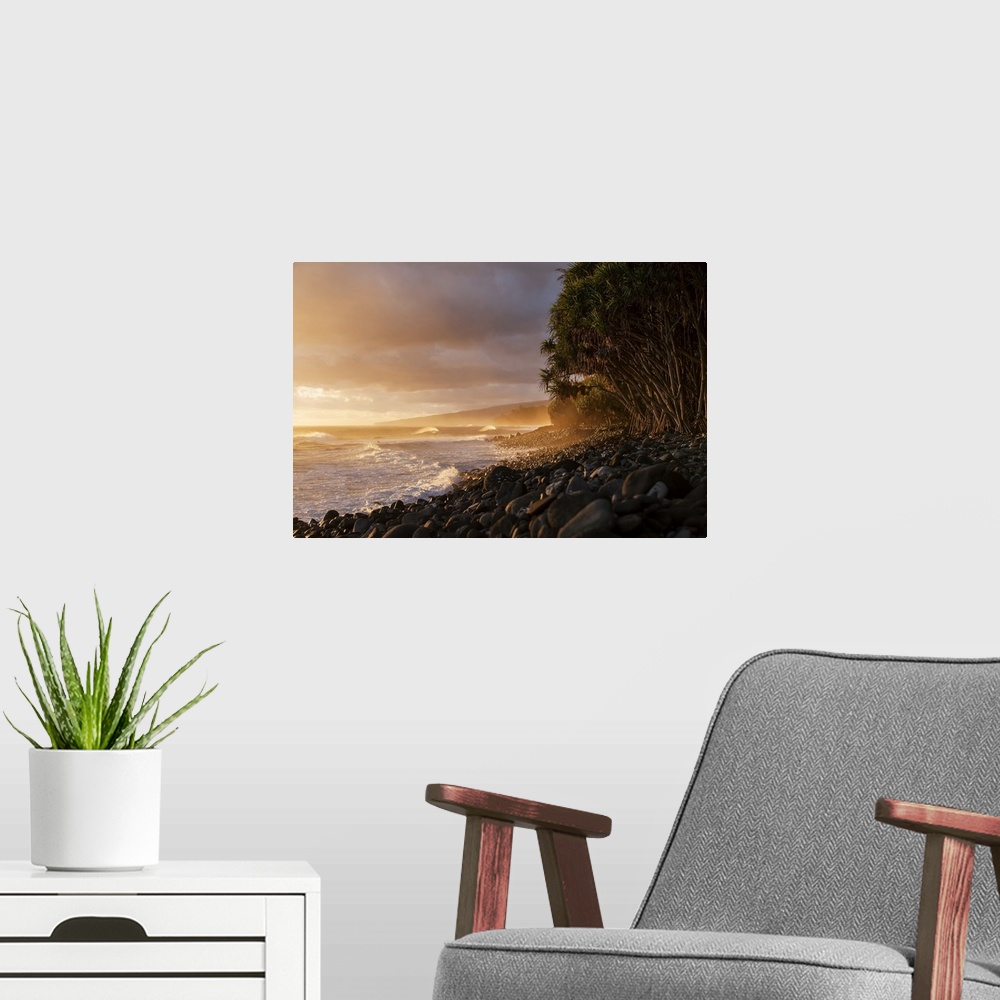A modern room featuring Hamakua coastline at sunrise, Lapahoehoe Nui Valley; Island of Hawaii, Hawaii, United States of A...