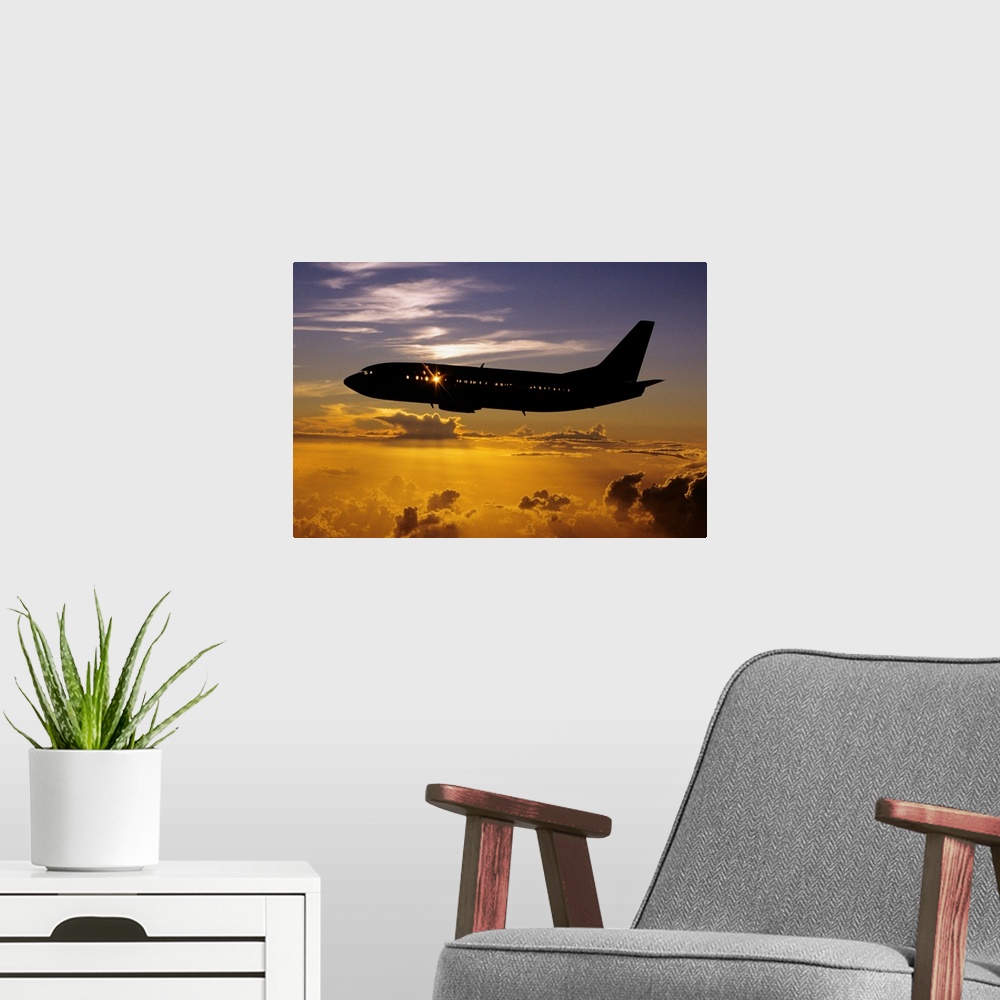 A modern room featuring Hawaii, Airplane In Silhouette Sunset In Sky
