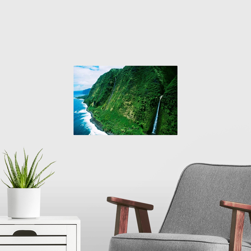 A modern room featuring Hawaii, Big Island, Hamakua Coast, Waterfalls Cascade Into The Ocean