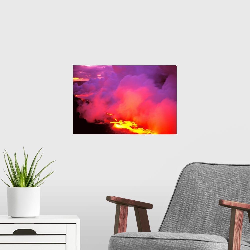 A modern room featuring Hawaii, Big Island, Morning Sky Filled With Pink And Gray Smoke From Lava Flow