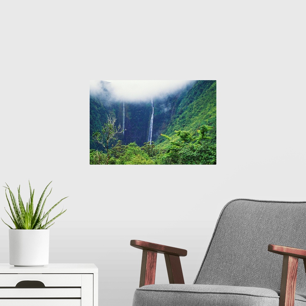 A modern room featuring Hawaii, Big Island, Waipio Valley, Twin Waterfalls With Lush Green Forest