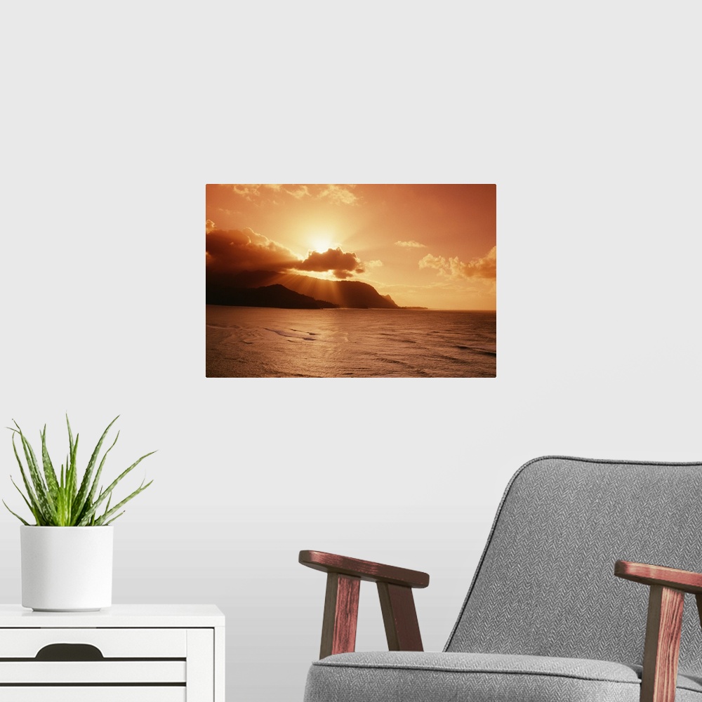 A modern room featuring Hawaii, Kauai, Hanalei Bay, Bali Hai Point, Red Sunset, Sunburst